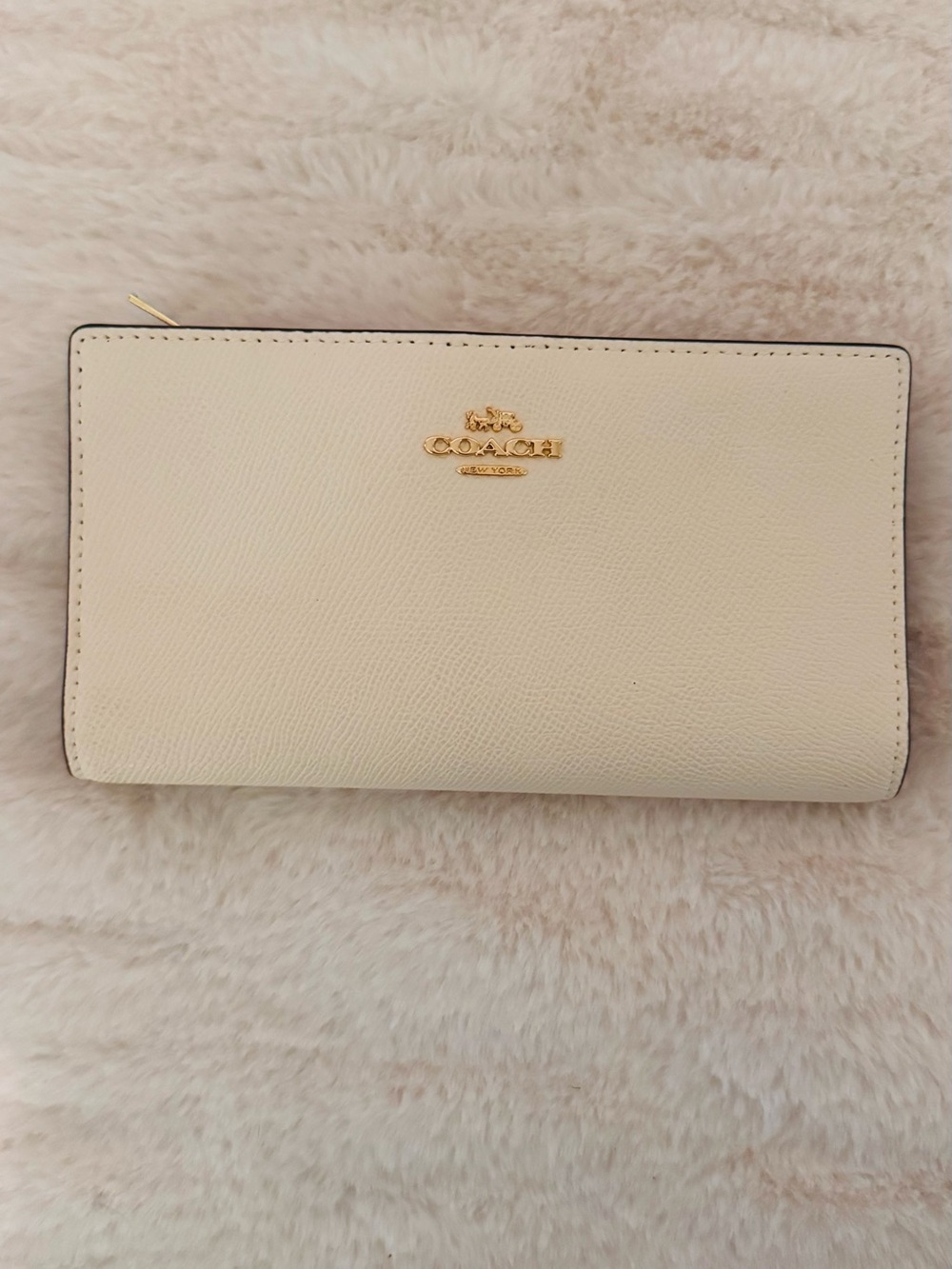 Coach Cream Pebble Leather Zip Wallet with Gold Logo